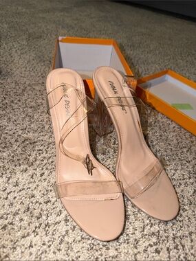Public Desire Nude Clear Strap Block Heel Sandals